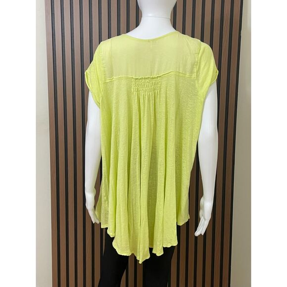 Free People Highland Women's M Yellow Blouse Top Linen Casual Smocked Ruffled - Picture 2 of 7